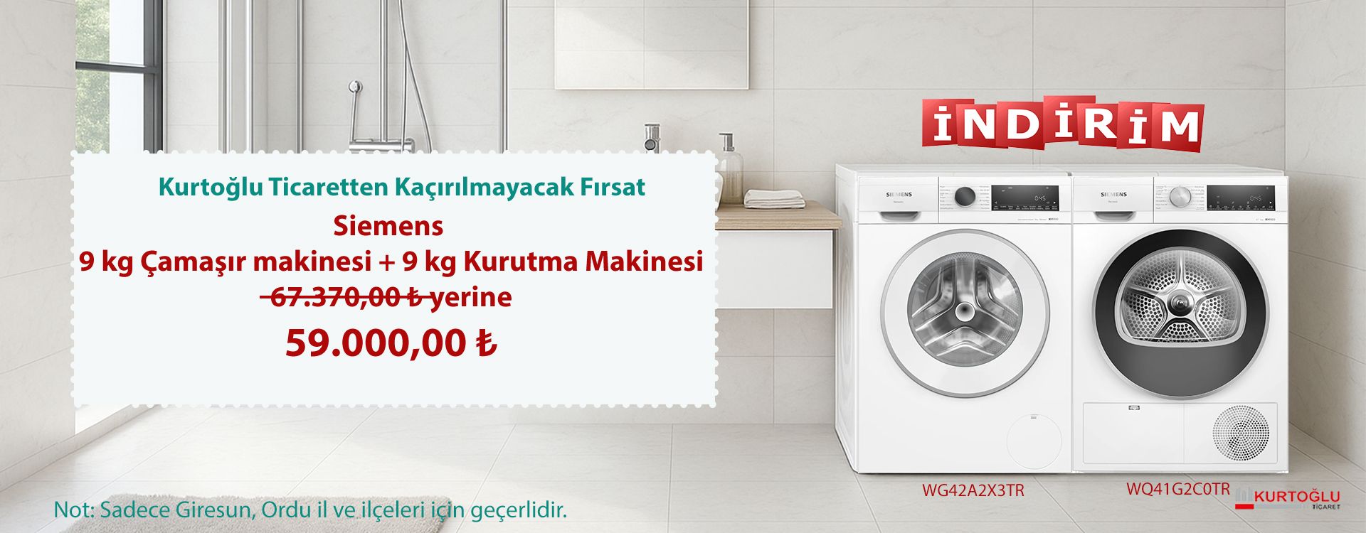 9 kg Çamaşır makinesi + 9kg kurutma makinesi 59.000 TL